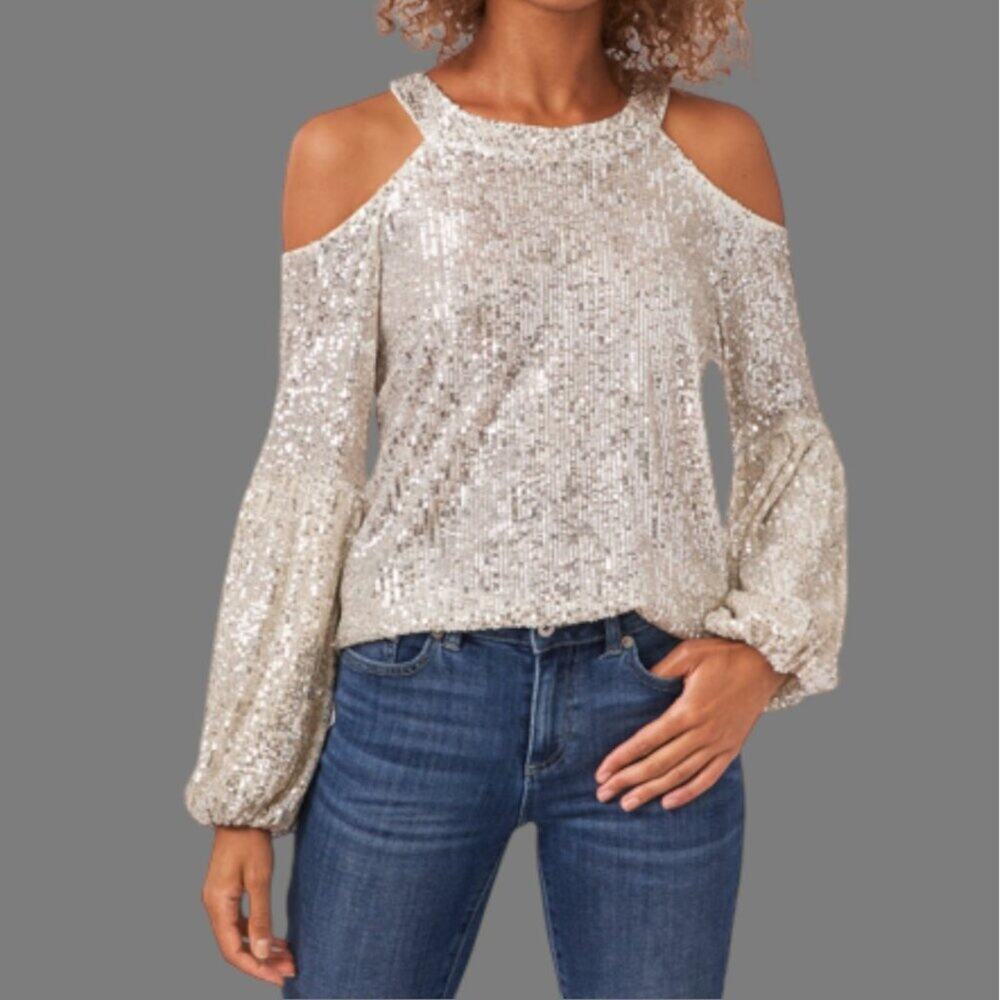 CeCe Cold Shoulder Sequined Blouse Silver Size XS NWOT $89 MSRP